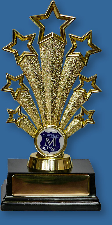 School Trophy with school crest Gold plastic stand on base with 25mm custom insert