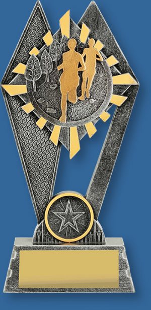 Cross Country Trophy Generic Resin. Peak Series Grey Gold theme Engravable with runners detail.