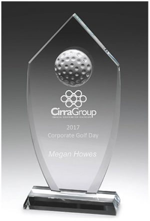 Glass Golf Trophy in presentation case. Sandblast etched.
