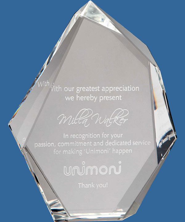 Mountain Series Crystal Award feature a single offset peak at the top of the Crystal Trophy. Faceted edges on solid base. 3 Sizes.