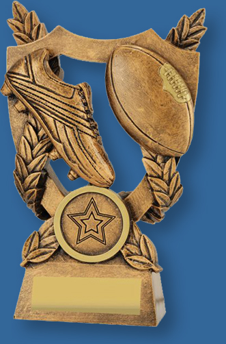 AFL Trophy Generic Bronze Tone Resin. Alpha Shield Footy Trophies feature a footy boot and ball icons. Outstanding design with shield and laurel.