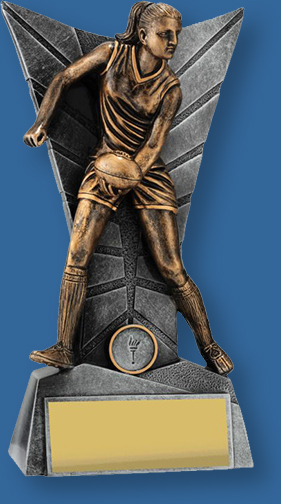 Large female gold Aussie Rules trophy with silver backdrop and base