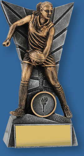 Female gold Aussie Rules trophy with silver backdrop and base