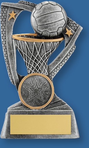 Generic netball theme trophy silver ball and ring with silver backdrop and base