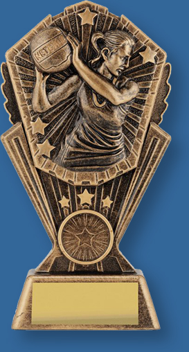 Female netball trophy bronze figure on bronze backdrop and base