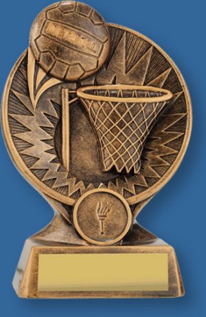 Generic netball theme trophy with gold ball and ring with gold backdrop and base