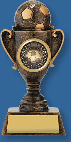 Small bronze resin Cup with soccer ball on top.
