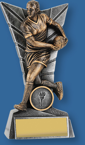Rugby Trophy Female Resin. Delta Series. Engraving to the plate attached. Female rugby trophy bronze figure with silver backdrop and base
