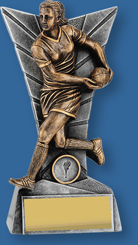 Female rugby trophy bronze figure on silver backdrop and base. Rugby Trophy Female Resin. Delta series. The plate is engravable.