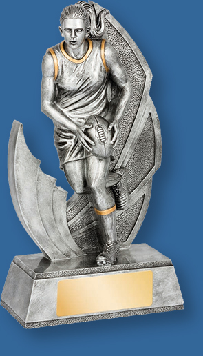 Aussie Rules trophy female silevr on silver base and backdrop