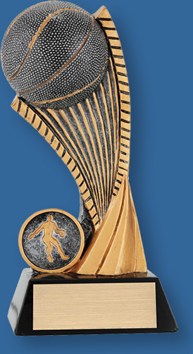 Basketball theme trophy silver ball on gold stand with black base