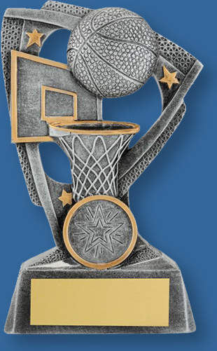 Basketball theme trophy silver ball on silver backdrop and base