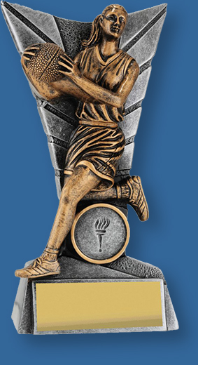 Basketball trophy female gold figure on silver backdrop and base