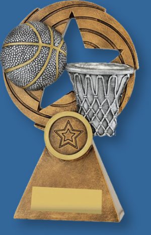 Basketball them trophy silver ball on gold backdrop and base