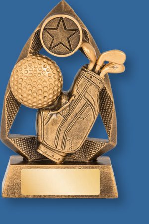 Golf theme trophy gold ball with gold backdrop and base