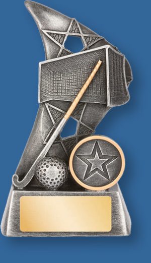 Hockey theme trophy silver stick on silver backdrop and base