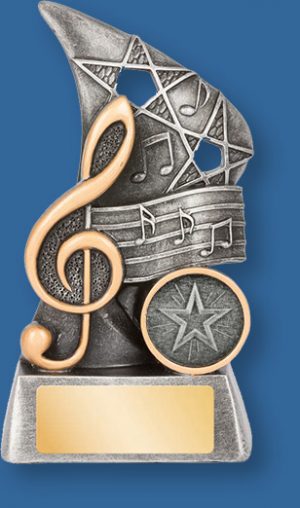 Music theme trophy Reno Series silver on silver backdrop and base