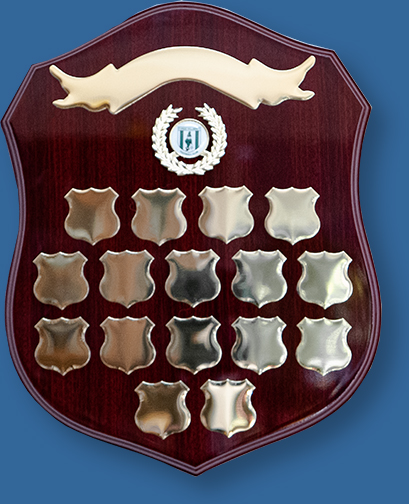 Perpetual shield with gold plates on woodgrain shield