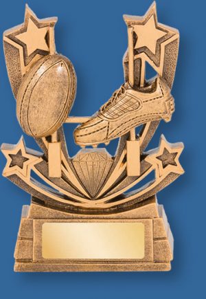 Rugby theme trophies gold with gold backdrop and base