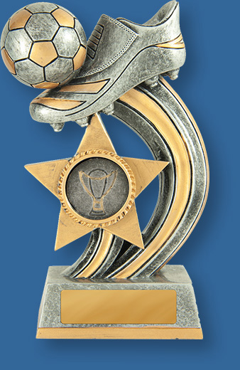 Soccer Trophy Curveball. Silver and gold resin trophy with boot and ball and curve ball appearance.