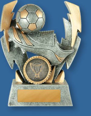 Soccer Trophy Double Lightning Strike TF#649-9_e. Small generic resin with antique silver and gold tones.