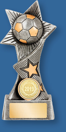 Soccer theme trophy silver ball on silver backdrop and base