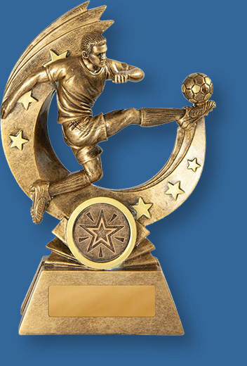 TF#668-9M_e. Bronze toned resin trophy. Action Male soccer player kicking ball in air.