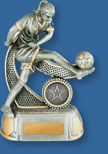 Soccer Trophy Megastar TF#658-9F_e. Female soccer Player cross kicking ball. Resin Trophy - Silver antique with gold trim.