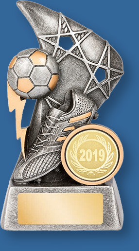 Soccer theme trophy silver ball and boot on silver base