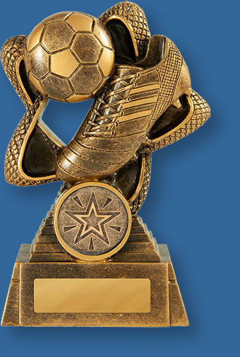 Soccer Trophy Rising Star TF#655-9_e. Soccer trophies Bronze coloured Resin Soccer Trophy with ball and boot detail.
