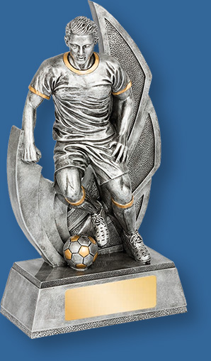 Soccer trophy silver male figure on silver backdrop and base