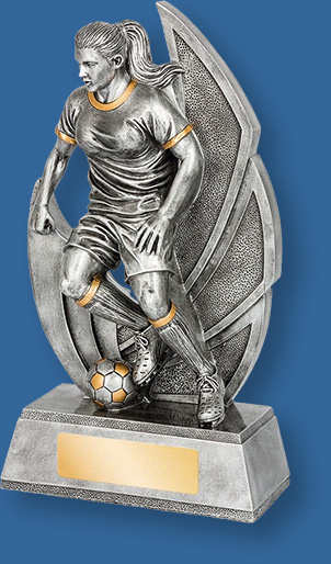 Soccer trophy silver female figure on silver backdrop and base