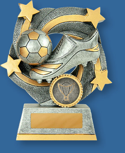 Soccer Trophy Typhoon TF#648-9_e . Antique silver and gold resin trophy with ball and boot detail.