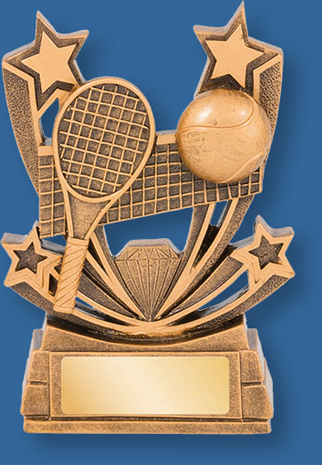 Tennis theme trophy gold with gold backdrop and base