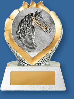 Equestrian trophy silver horse head in gold wreath