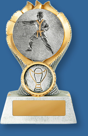 Martial arts trophy silver figure in gold band
