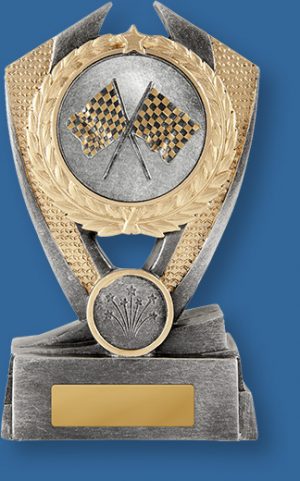 Motor Sports Trophies generic Resin. Hero Shield-Flags Series. . Medium size resin trophy. Antique silver with gold trim. Crossed flags detail.