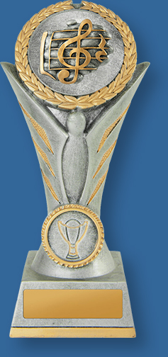 Tall Antique silver with gold trim resin trophy. Treble Clef detail on insert.Music Trophies Angel Victory Series