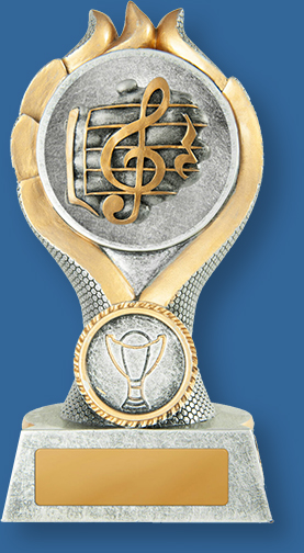 Music Trophies Sierra Tower TMus#W19-620_e.. Resin Generic trophy Antique silver with gold trom and Treble Clef detail.