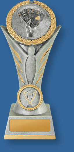 Tall resin trophy antique silver and light yellow gold, with 5 card detail.