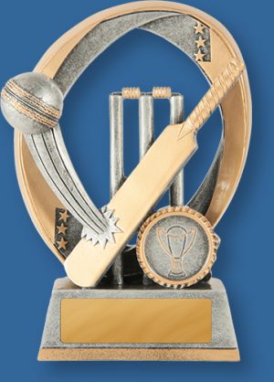 Antique Silver and Gold generic resin Cricket trophy with bat, ball and stumps graphic.