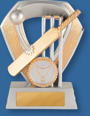 Light silver with bronze trim and Cricket bat ball and Stumps Resin Cricket Trophy