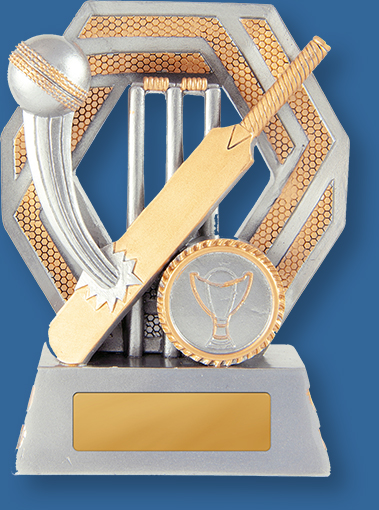 Cricket Trophy Silver Gold Generic Resin Trophy with bat Ball and Stumps graphic.