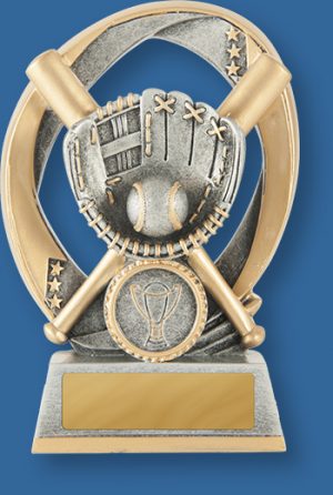 Baseball Trophy Generic Resin. balanced theme award with bats ball and glove.