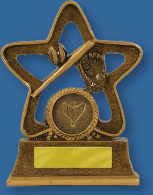 Baseball Trophies Holy Star Series, Bronze generic resin baseball trophy with glove ball and bat detail