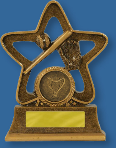 Baseball Trophies Holy Star Series, Bronze generic resin baseball trophy with glove ball and bat detail