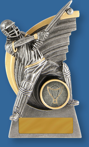 Cricket Trophies Kaboom Batsman . ntique silver resin trophy. Sweep shot detail.