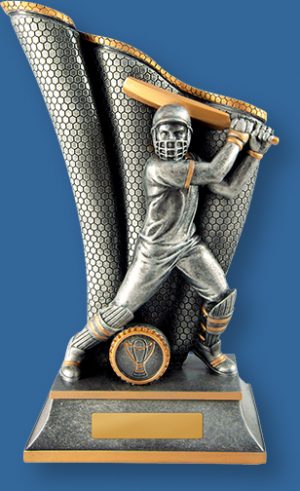 Antique Silver and Gold generic resin cricket trophy with batsman
