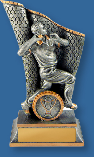 Cricket Trophies Wave Series. Antique Silver and Gold generic resin trophy with bowler.