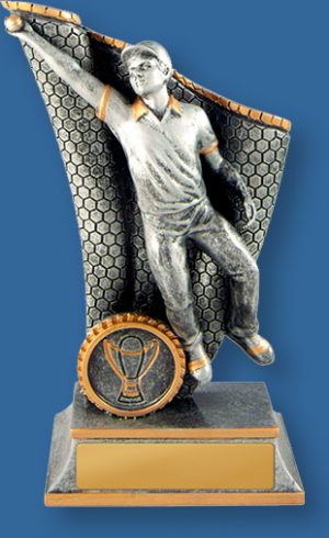 Cricket Trophies Wave Series. Antique Silver and Gold generic resin trophy with slips fielding action.